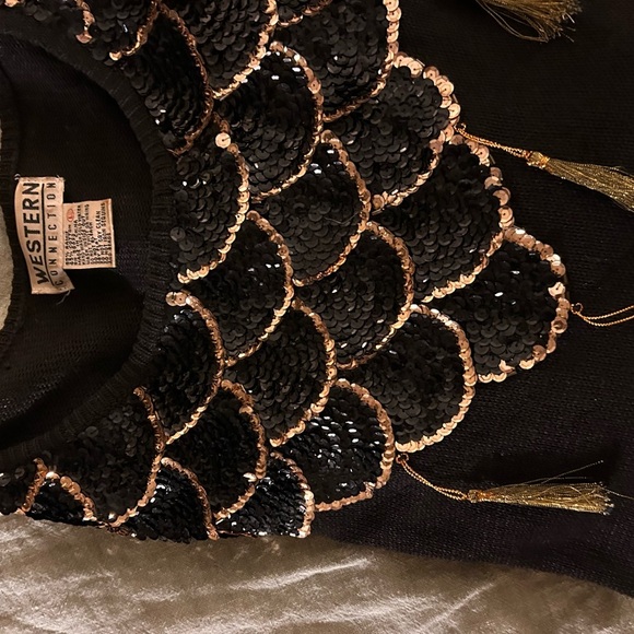 Vintage Western Connection sequined tassel black sweater size L - Picture 10 of 15